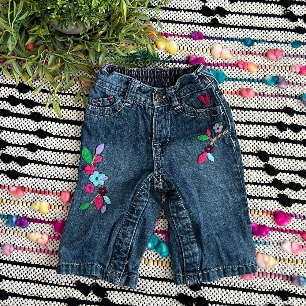 Baby Gap Colorful Flower‎ Tree Embroidery Felt Appliqué Blue Jeans Sz 3-6 Months